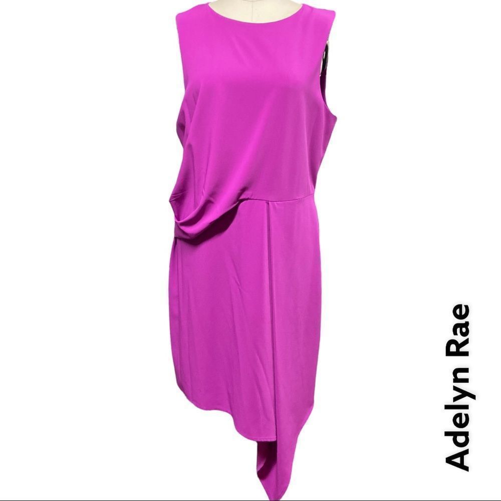 ADELYN RAE asymmetrical hem sleeveless fuchsia zipper back sheath dress + size L